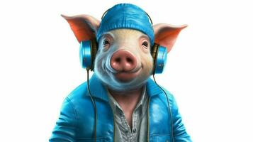 cerdo en un azul chaqueta y auriculares foto