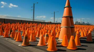 pile of traffic cones being used as barrier photo