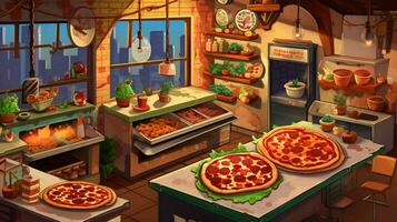 pizzería con variedad de pizzas y coberturas foto