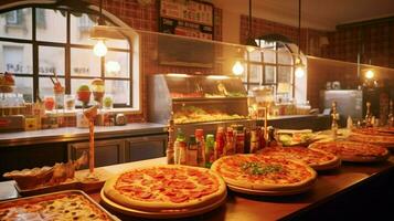 pizzeria with variety of pizzas and toppings photo