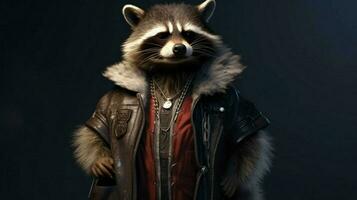 raccoon in a jacket with a chain on his neck photo