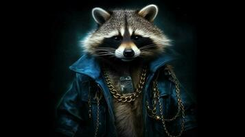 raccoon in a jacket with a chain on his neck photo