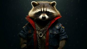 raccoon in a jacket with a chain on his neck photo