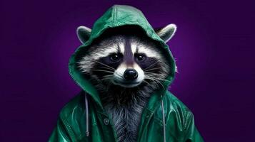 raccoon in a purple hoodie with a green hoodie photo