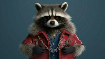 raccoon in a jacket with a chain on his neck photo