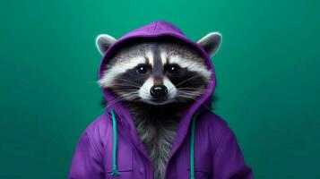raccoon in a purple hoodie with a green hoodie photo