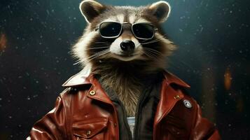 raccoon in a jacket with the word raccoon on it photo