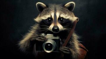 raccoon with a camera in his hand photo