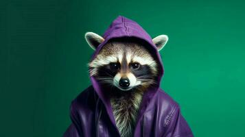 raccoon in a purple hoodie with a green hoodie photo