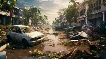 residential neighborhood with flooded streets photo