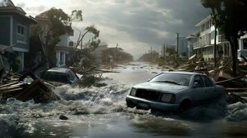 residential neighborhood with flooded streets photo