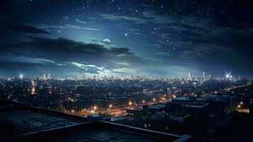 rooftop view of night sky with stars shining photo