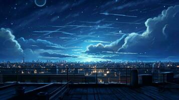 rooftop view of night sky with stars shining photo