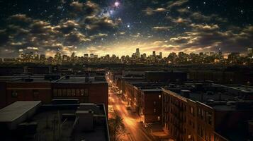 rooftop view of night sky with stars shining photo