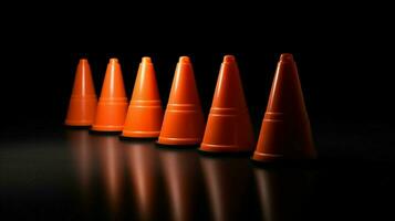 row of traffic cones on black background for class photo