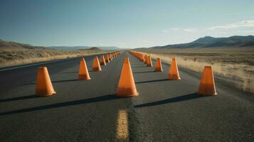 row of traffic cones on a long empty road photo