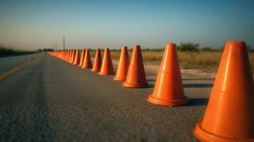 row of traffic cones on a long empty road photo