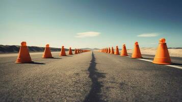 row of traffic cones on a long empty road photo