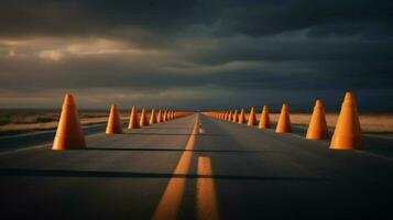 row of traffic cones on a long empty road photo