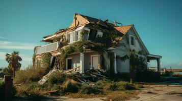 ruined family suburban house after hurricane photo