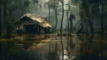 ruined houses in flooded forest after aftermath photo