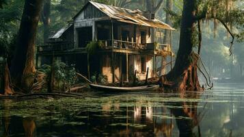 ruined houses in flooded forest after aftermath photo