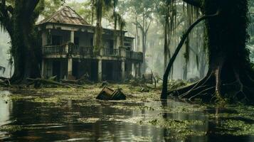 arruinado casas en inundado bosque después secuelas foto