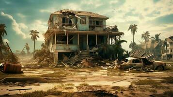 ruined family suburban house after hurricane photo