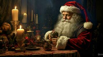 santa claus at a table with a christmas tree photo