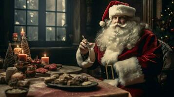 santa claus at a table with a christmas tree photo