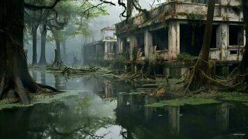 ruined houses in flooded forest after aftermath photo