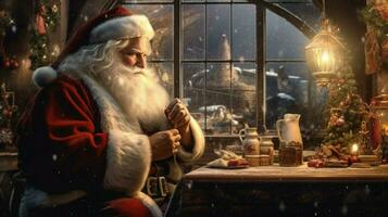 Papa Noel claus a un mesa con un Navidad árbol foto