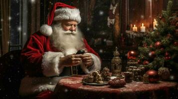 Papa Noel claus a un mesa con un Navidad árbol foto