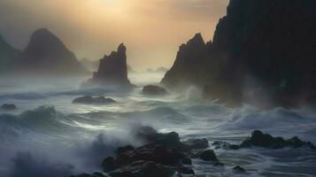 seascape with waves crashing against the shore photo