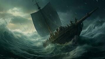 stormy ocean with viking ship battling waves photo