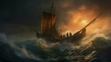 stormy sea with viking ship riding the waves photo