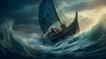 Tormentoso Oceano con vikingo Embarcacion luchando olas foto