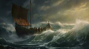 Tormentoso mar con vikingo Embarcacion montando el olas foto