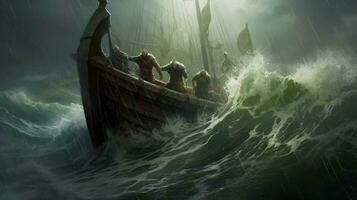 stormy sea with viking ship riding the waves photo