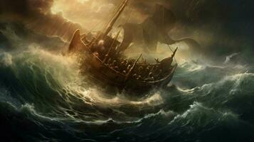 stormy sea with viking ship riding the waves photo