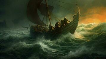 stormy sea with viking ship riding the waves photo