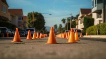 suburban street with line of traffic cones marking photo