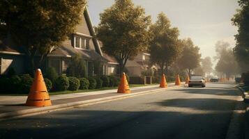 suburban street with line of traffic cones marking photo