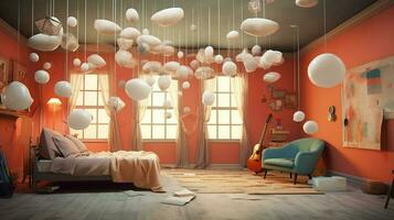 surrealista habitación con flotante objetos y sueño foto