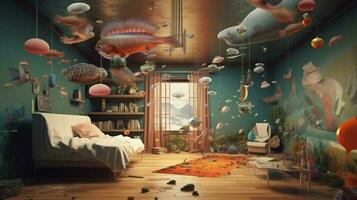 surrealistic room with floating objects and dream photo