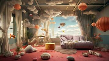 surrealistic room with floating objects and dream photo