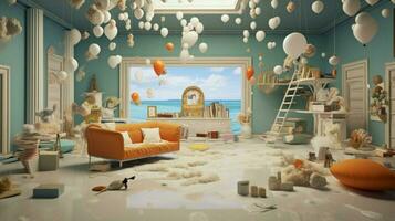 surrealista habitación con flotante objetos y sueño foto