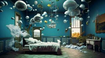 surrealista habitación con flotante objetos y sueño foto