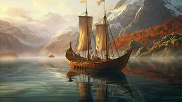 tall and graceful viking ship gliding through photo