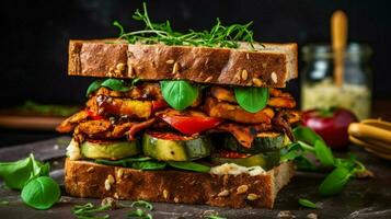 tasty vegan sandwich packed with fresh healthy photo